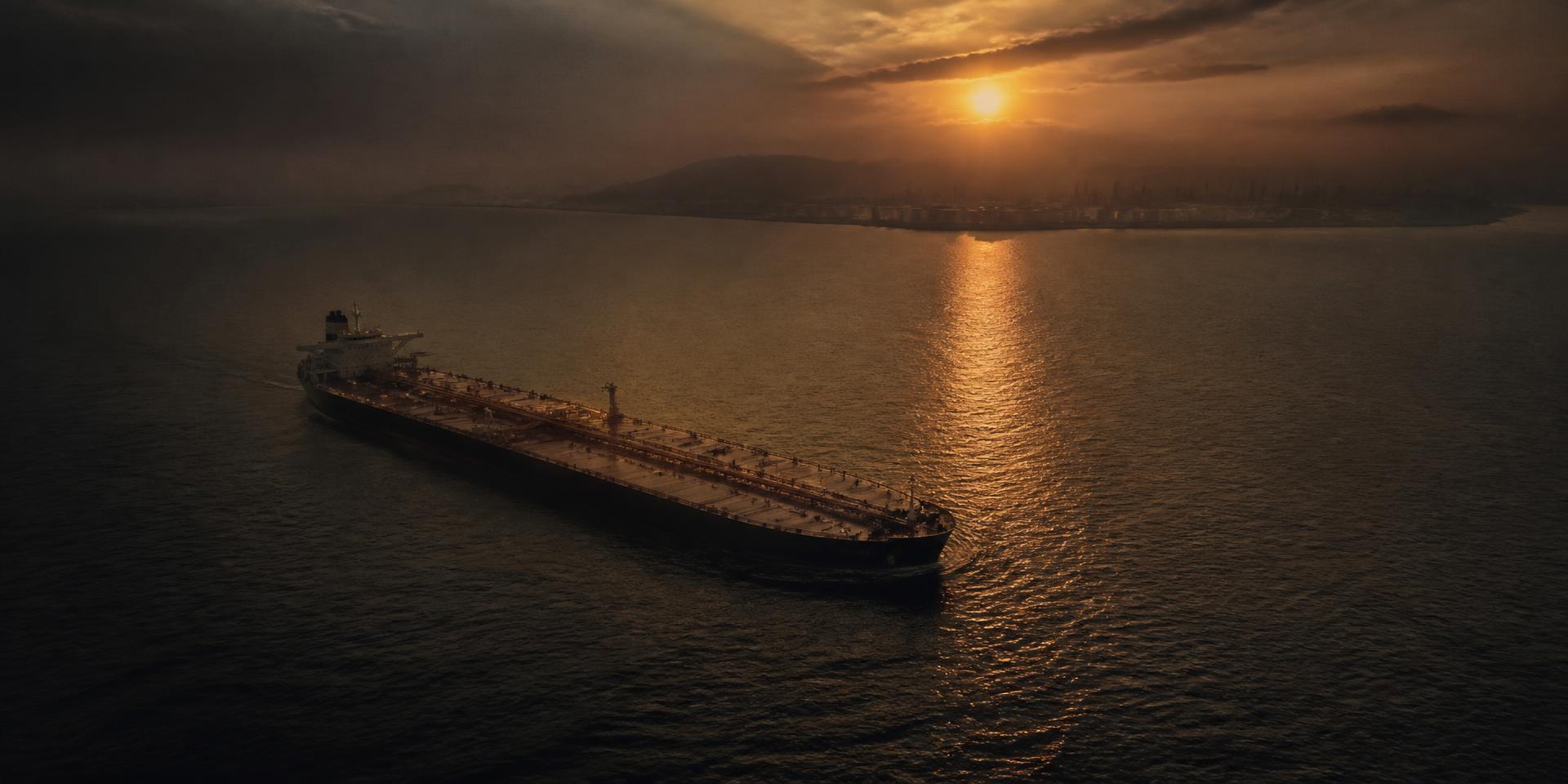 Crude oil tanker crossing dark open water at sunset